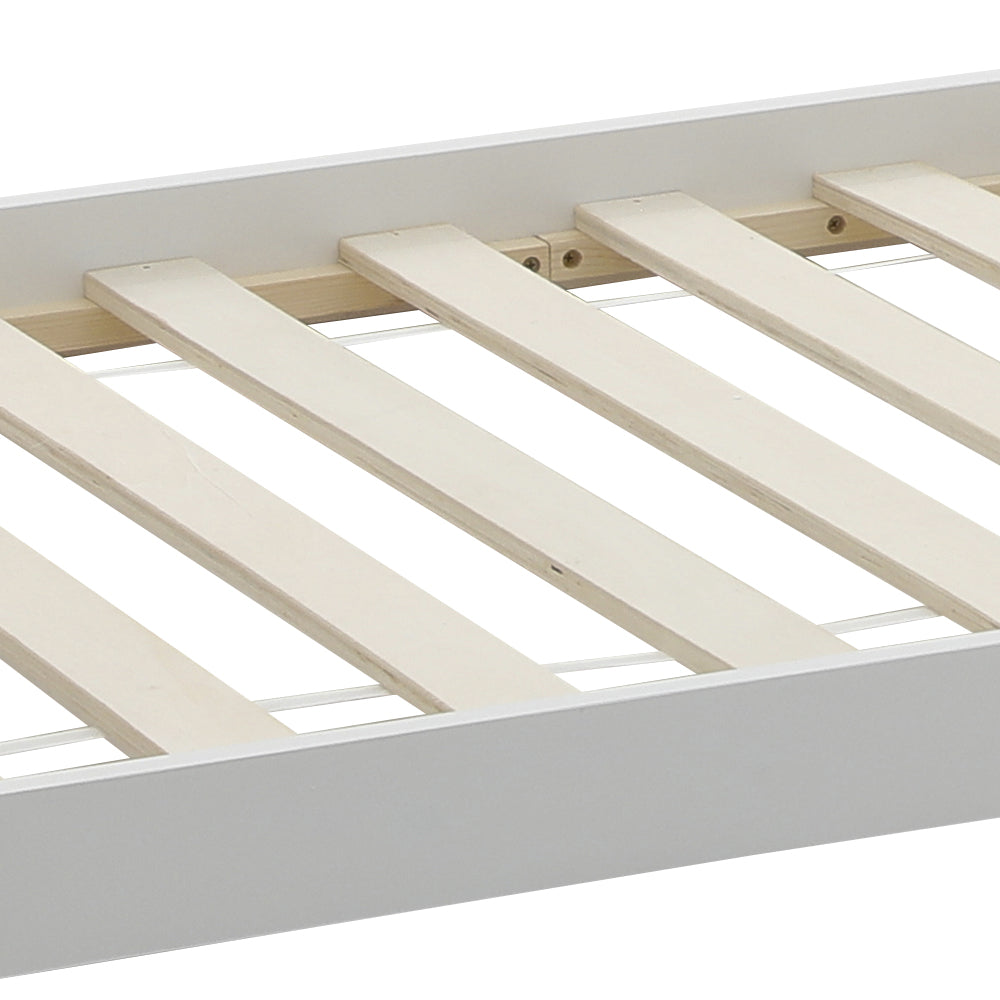 Montessori Kids House Bed Frame – 190cm X 90cm Solid Pine Wood Low Floor Bed With Triangular Roof Design, White Toddler Single Bed