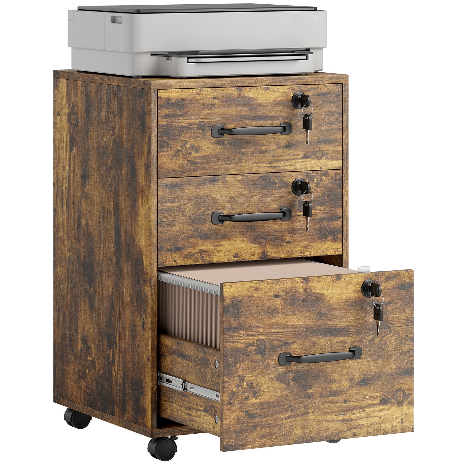 3 Drawer File Cabinet Rolling Filing Cabinet For A4 And Letter | Rustic Brown