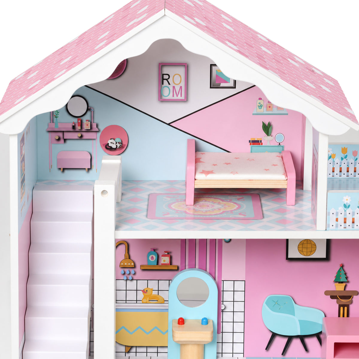 Wooden Dolls House 3-storey With 10 Accessories For 3-6 Years, Pink