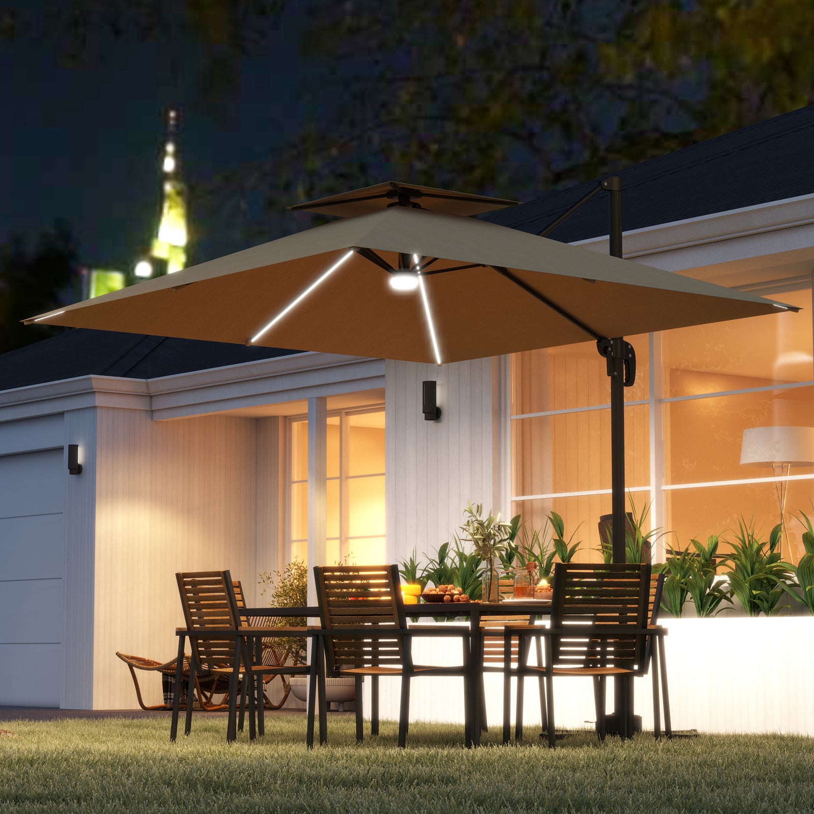 2.5m Cantilever Parasol, Solar Led Lights, Double Top | Khaki