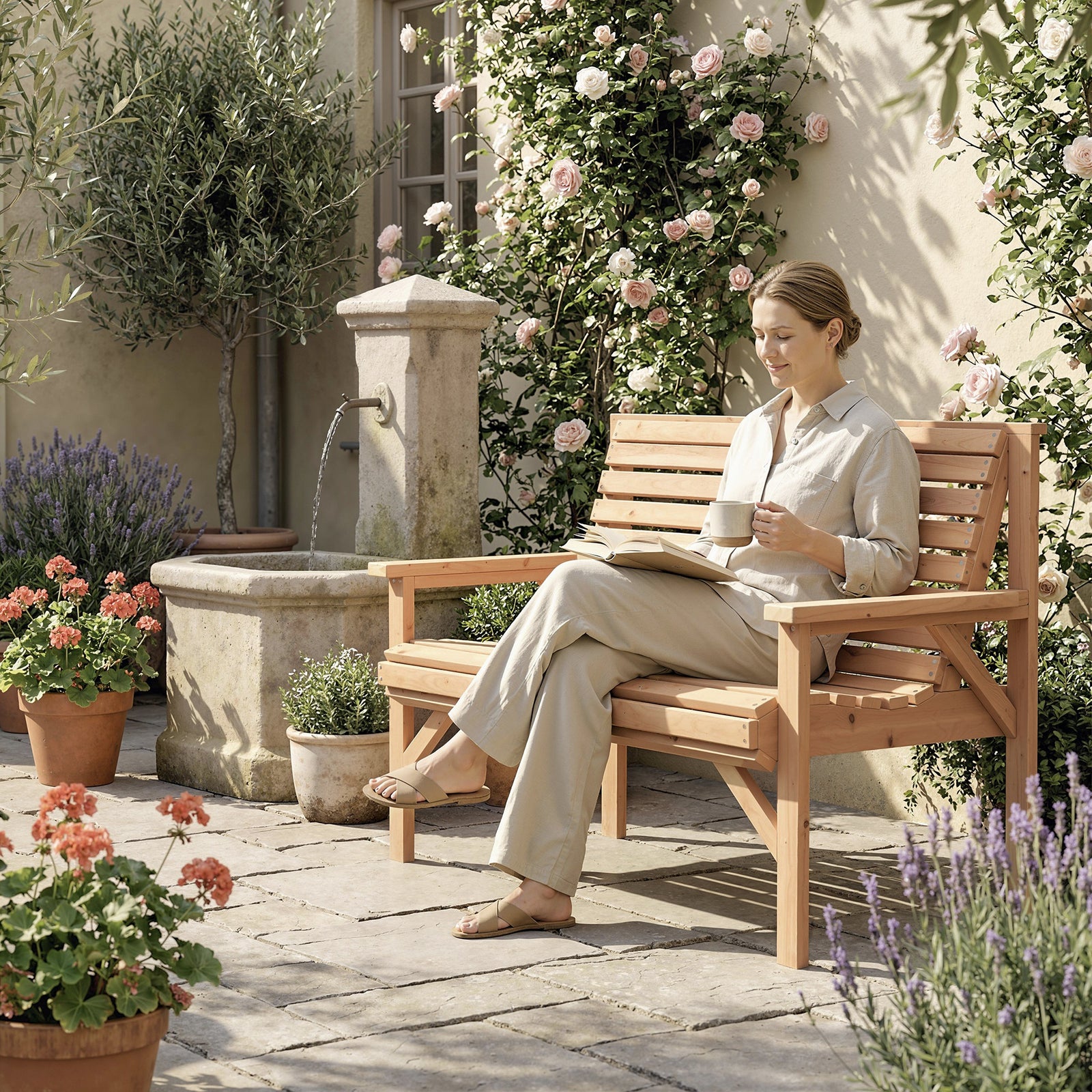Wooden Garden Bench 2 Seater, Patio Bench For Indoor Outdoor | Natural