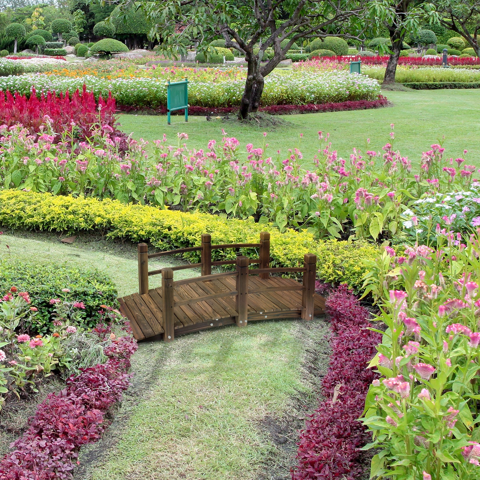 1.5m Wooden Garden Bridge With Railings, Outdoor Pond