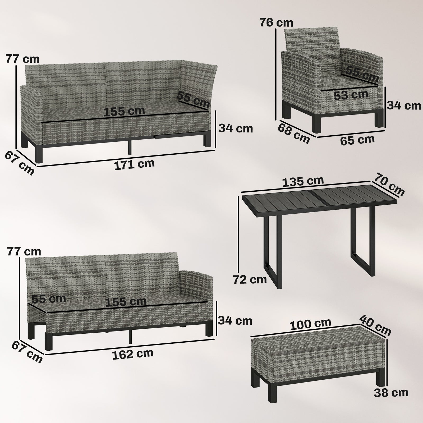 Outsunny Rattan Garden Furniture Sofa Set, Outdoor Dining Set For 9, Grey