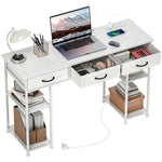 Computer Writing Desk With Power Outlets, Drawers, Shelves | White
