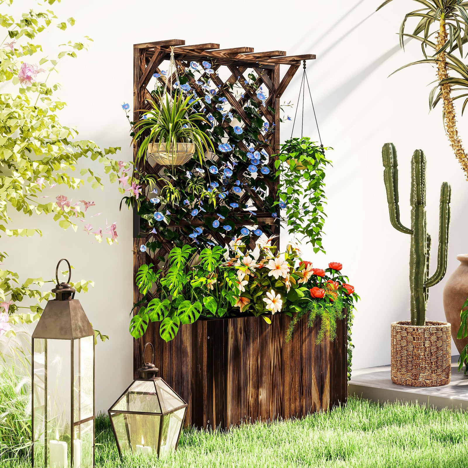 Wooden Planter W/ Trellis And Drainage Holes | Brown