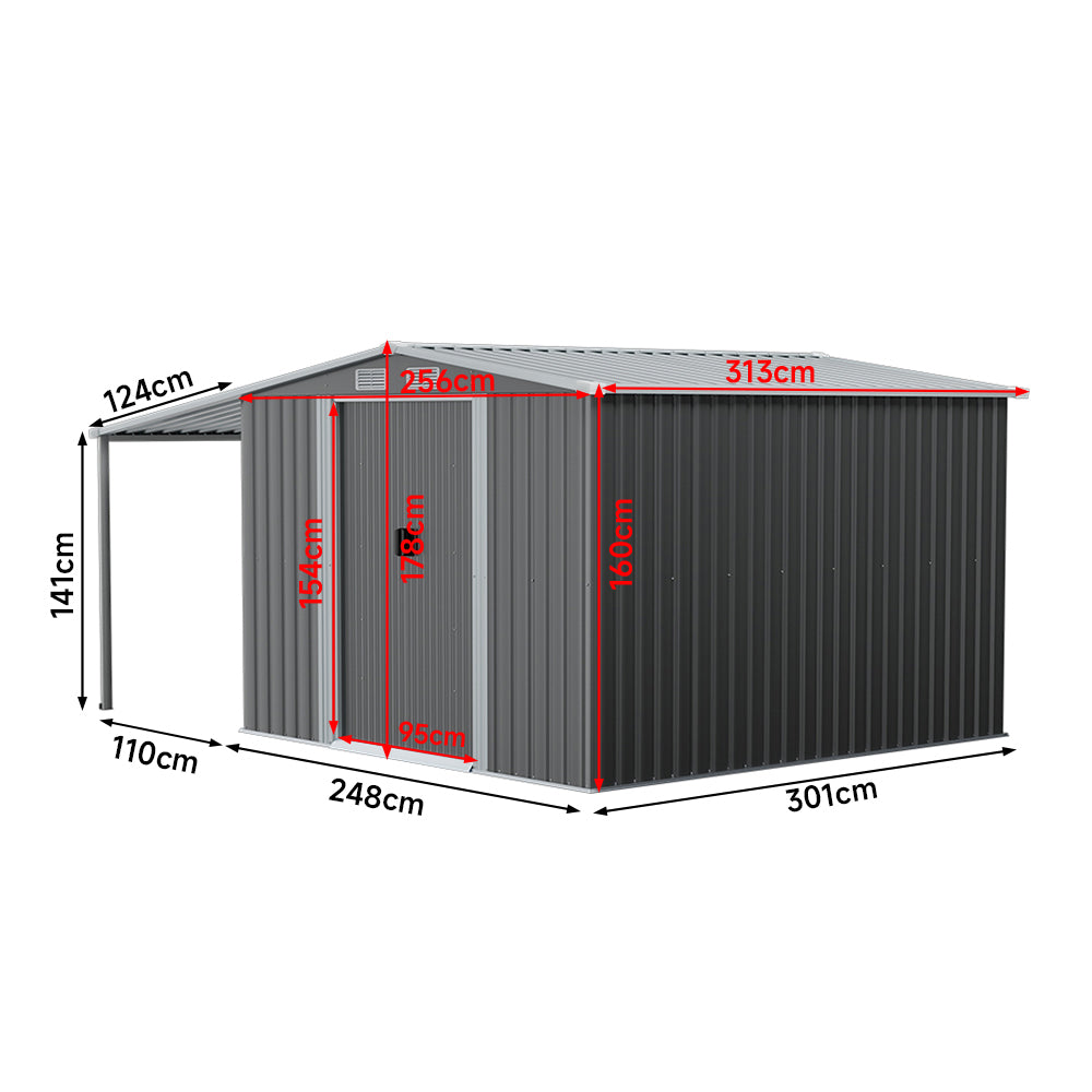 10x8ft Garden Shed Galvanised Steel Construction With Extended Firewood Roof Ample Storage Space