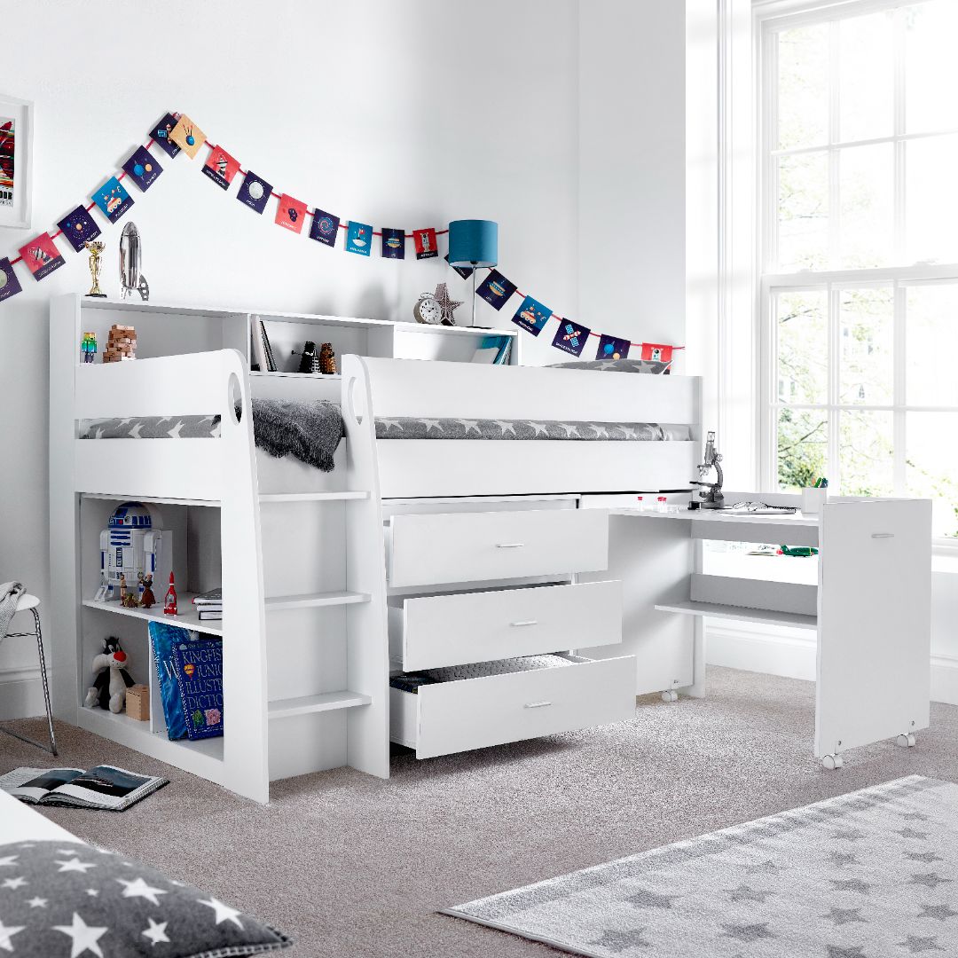 Ersa Mid Sleeper Bed With Desk With Spring Mattress | Single | White