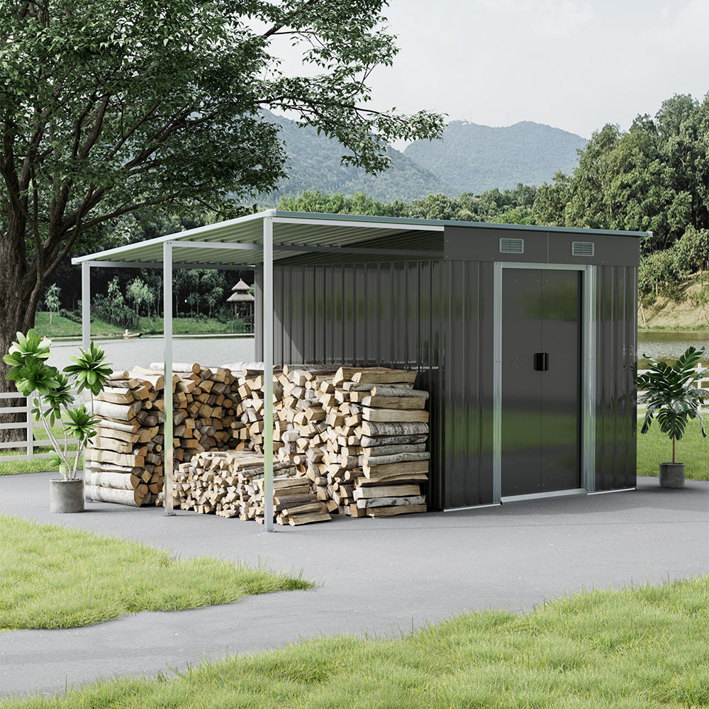 Heavy Duty Outdoor Metal Storage Shed With Log Rack Weather-resistant Garden Tool & Firewood Organizer