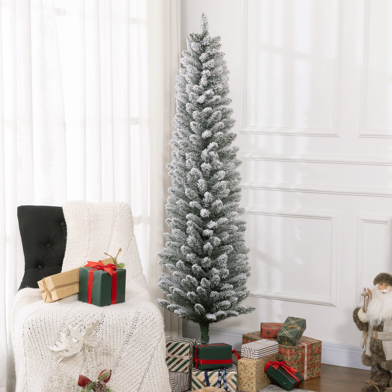 5/6/7ft Artificial Pencil Christmas Tree Realistic Green/White | 6ft | White