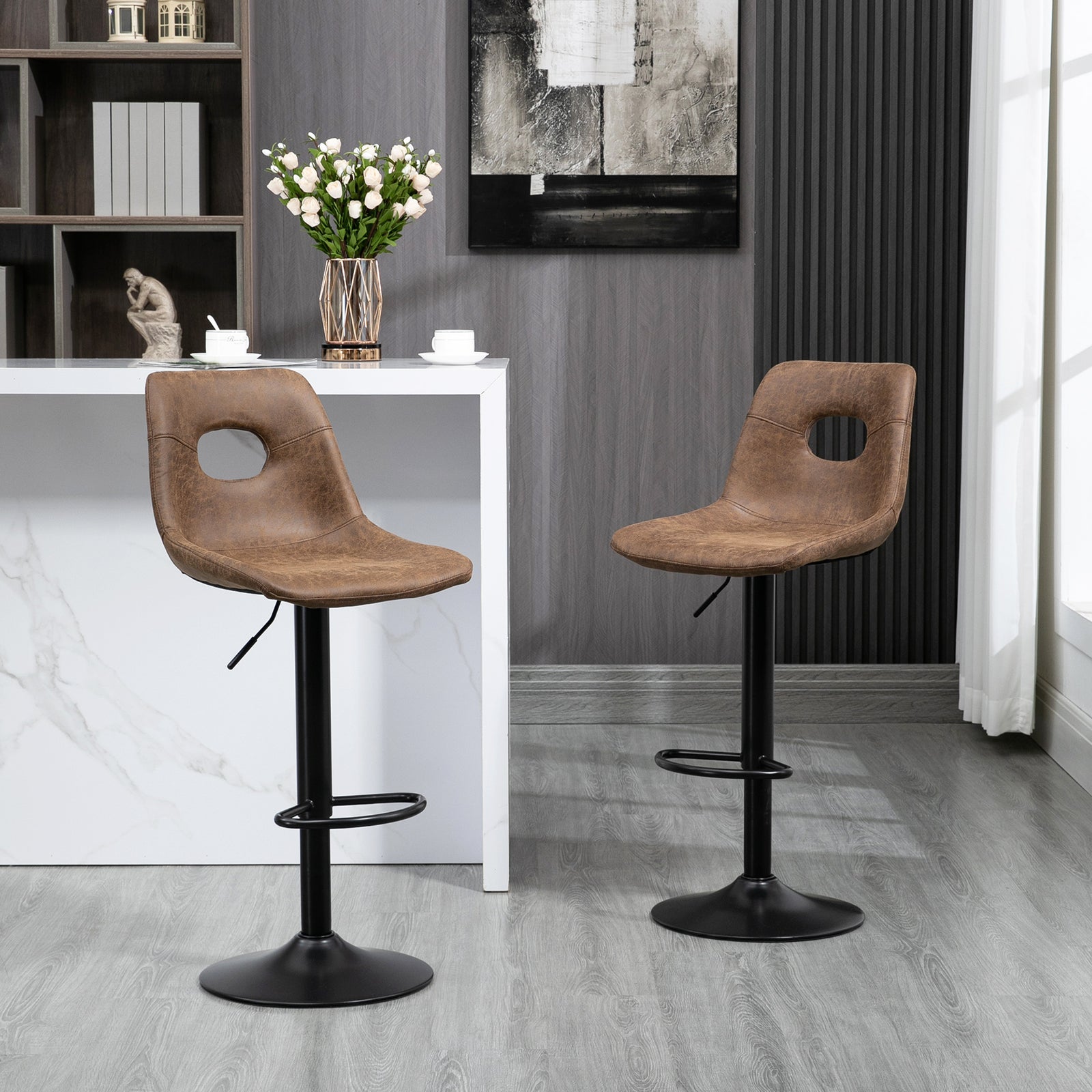 Retro Bar Stools Adjustable Leather-like Brown