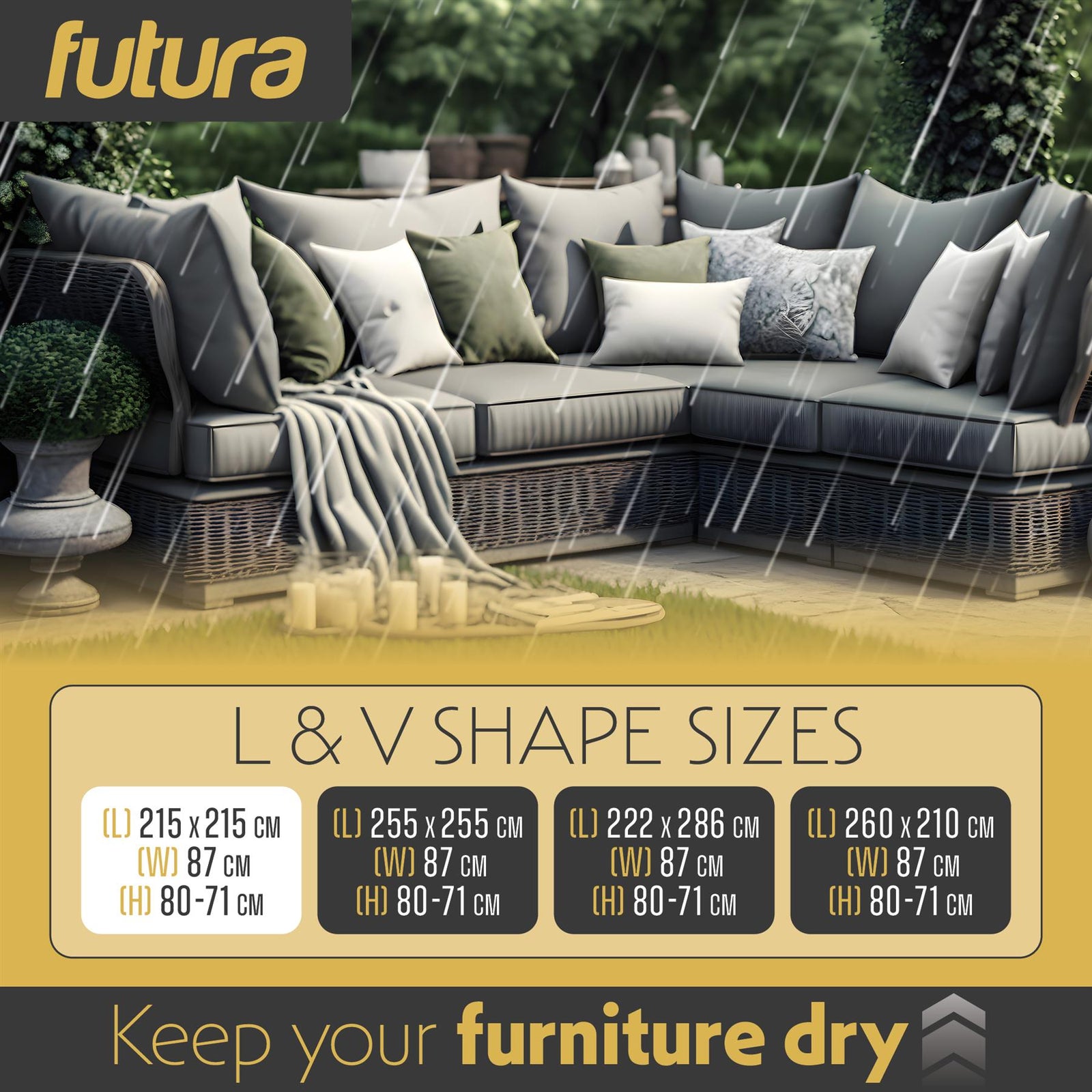 Premium L Shaped Waterproof Garden Furniture Cover, Outdoor Patio Weatherproof Rattan Sofa Guard | 215 x 215 x 80cm | Black