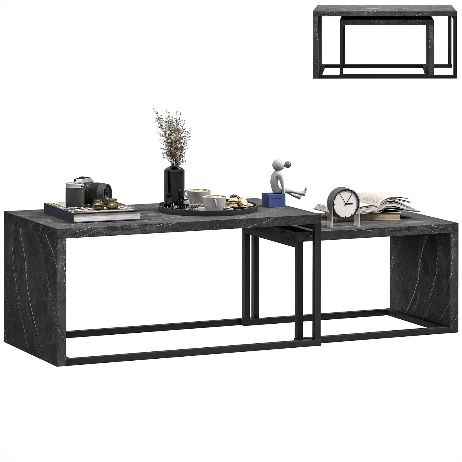 HOMCOM Coffee Tables Set Of 2, Nest Of Tables For Living Room, Dark Grey