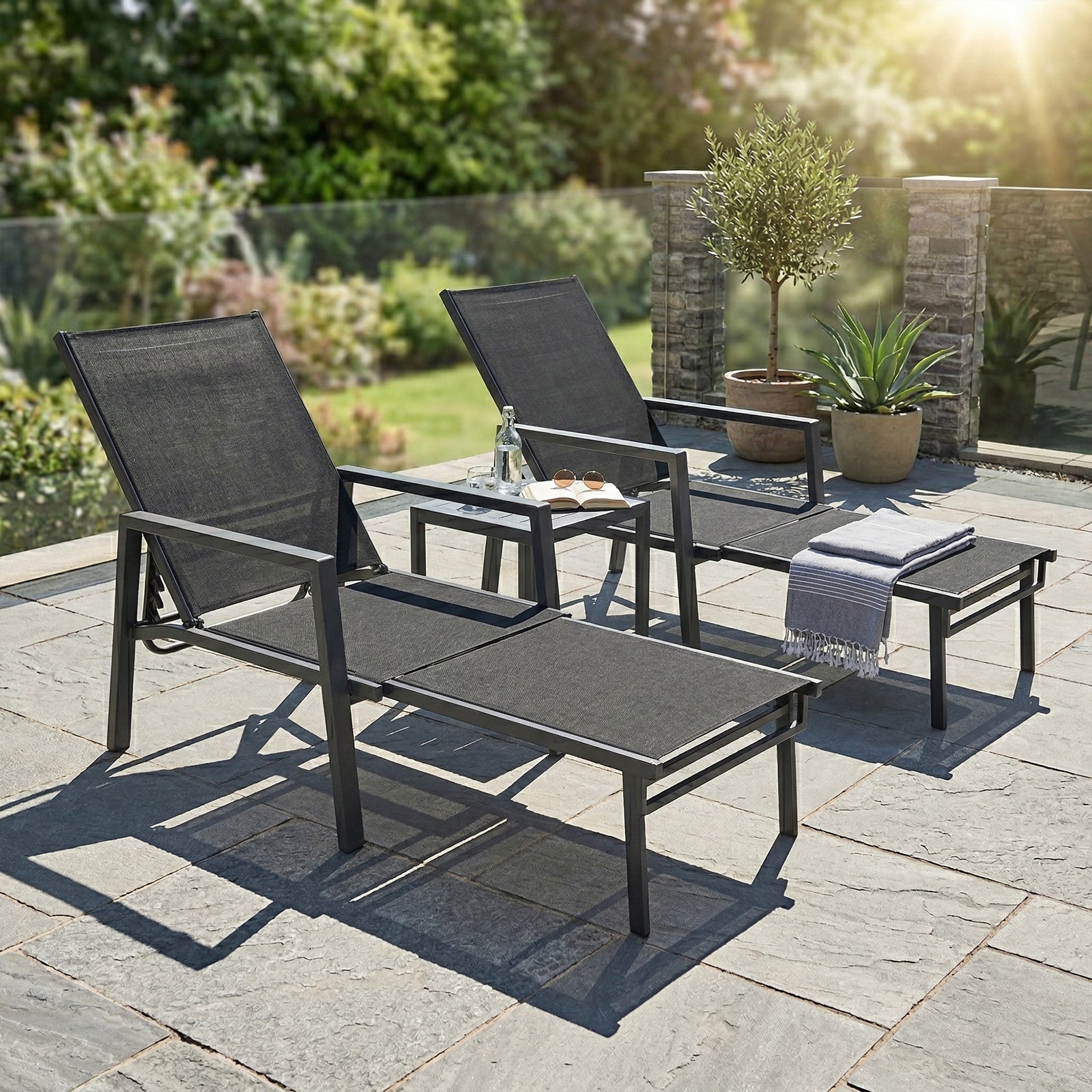 Sun Lounger W/ Retractable Footrest, 5-position Adjustable | Set-of-2 | Black