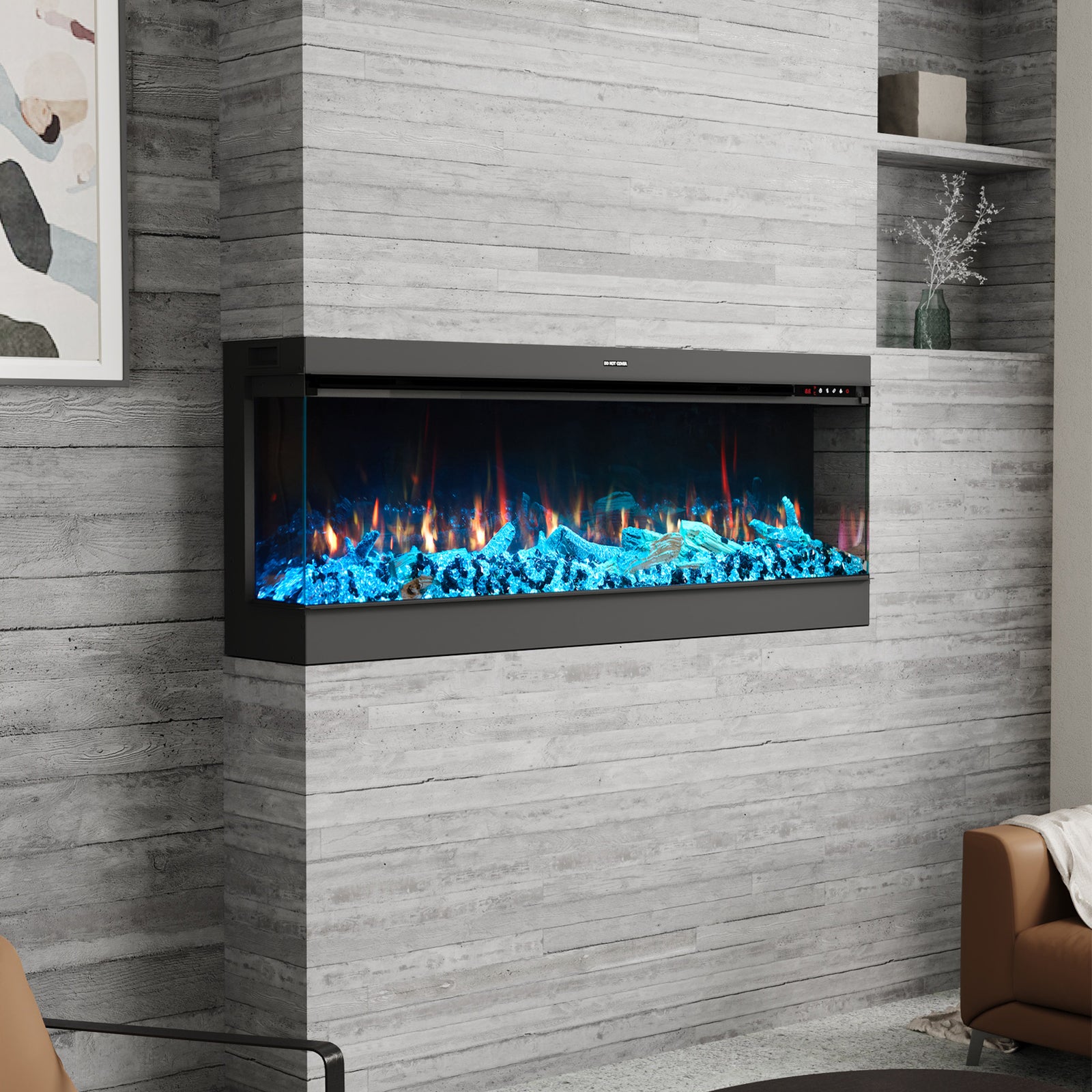 50’’ Smart Electric Fireplace with 3-Sided Panoramic Flame, WiFi App Control, 750W/1500W Heater, 12 Flame Colours, Crackling Sound & Adjustable Thermostat, Recessed Black Fireplace Heater