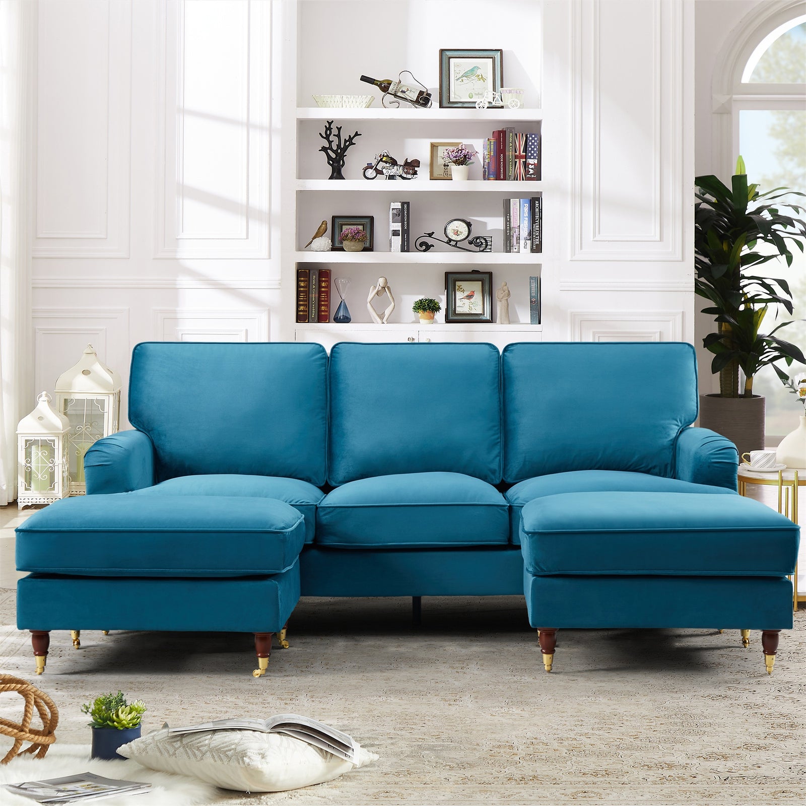Woodbury 218cm Wide U-shaped Velvet Fabric Corner Sofa | 3 | Teal