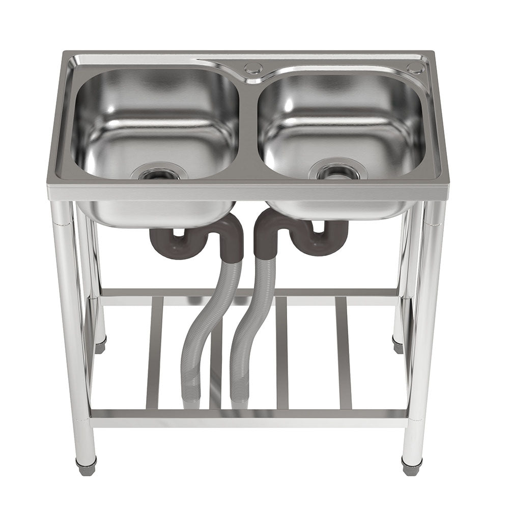 71cm W X 39cm D X 80cm H Two Compartment Stainless Steel Sink With Shelf