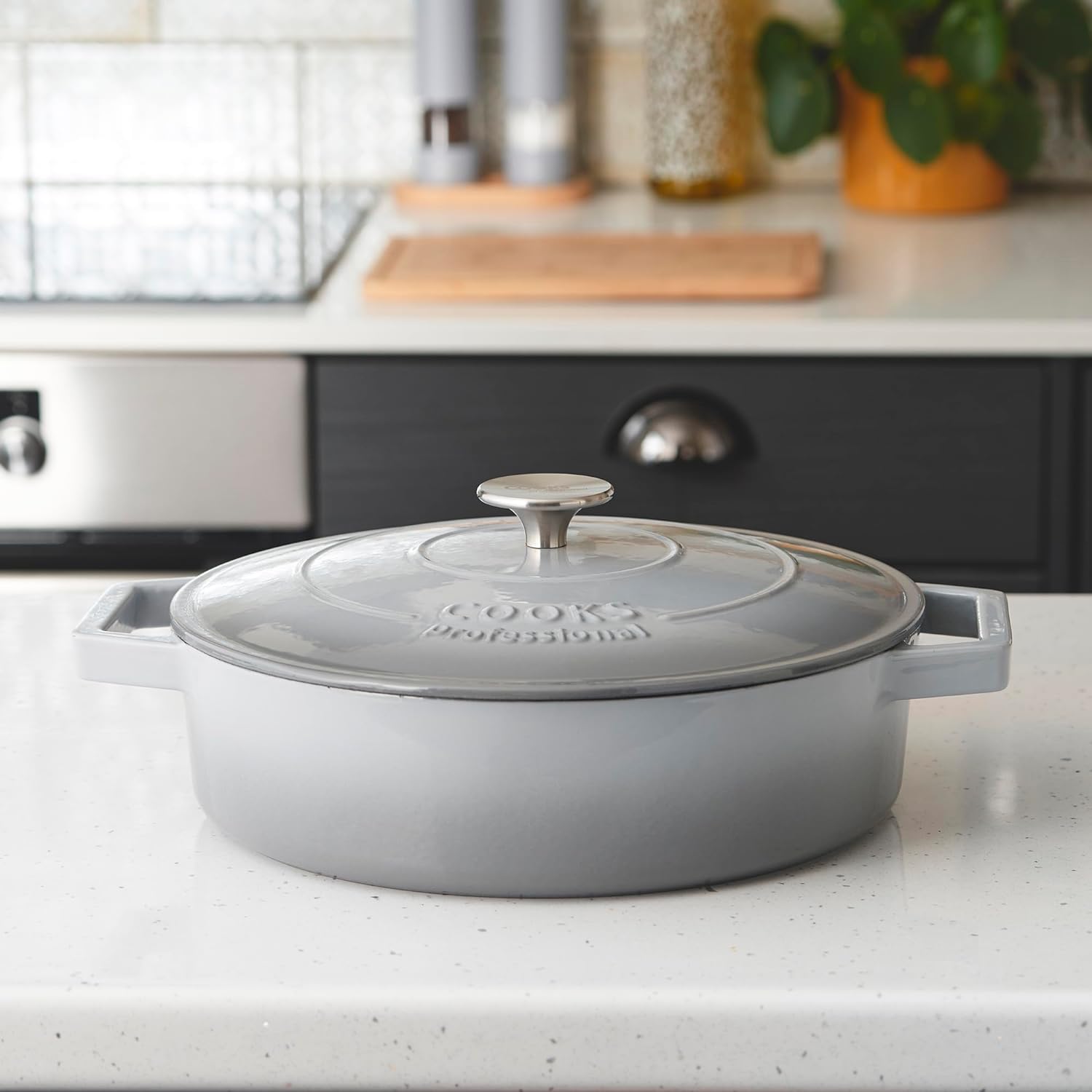 Cast Iron Casserole Set Of 2 26cm & 28cm / 4.3l & 5.8l Dishes Oven Proof Enamelled Cast Iron Pans With Lids | Gray