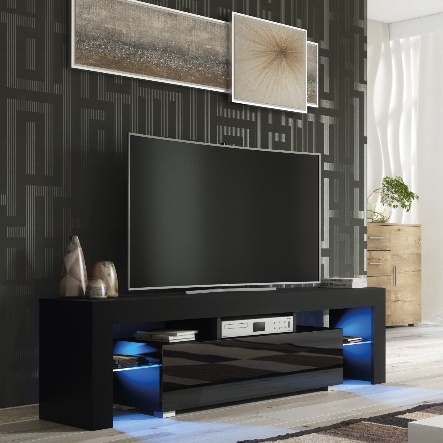 Aria Tv Unit 160cm With Led Lights | Black