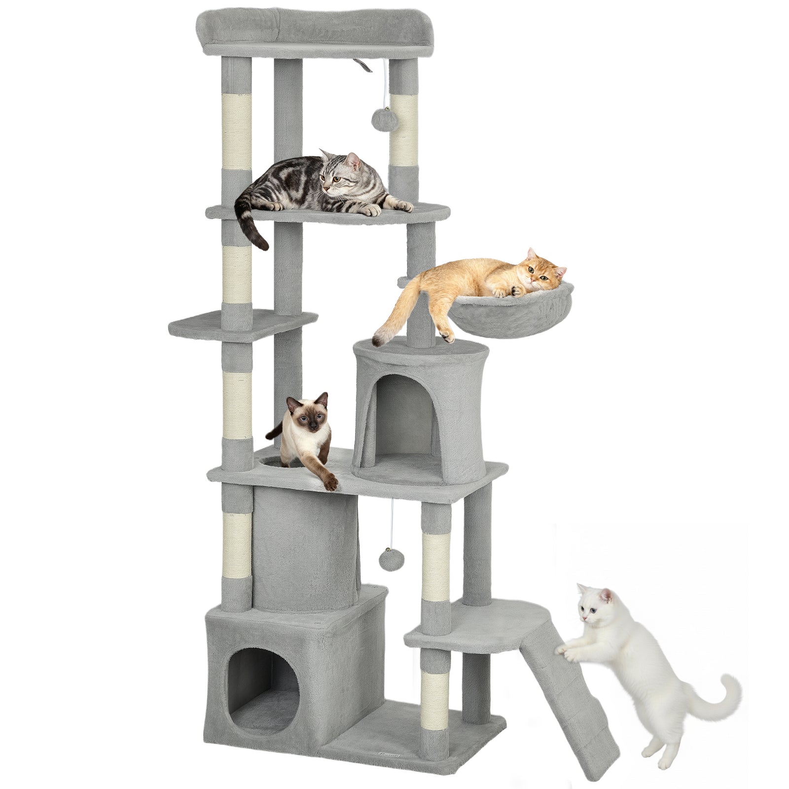 170 Cm Cat Tree, Large Cat Tower With 7 Scratching Posts, Light Grey