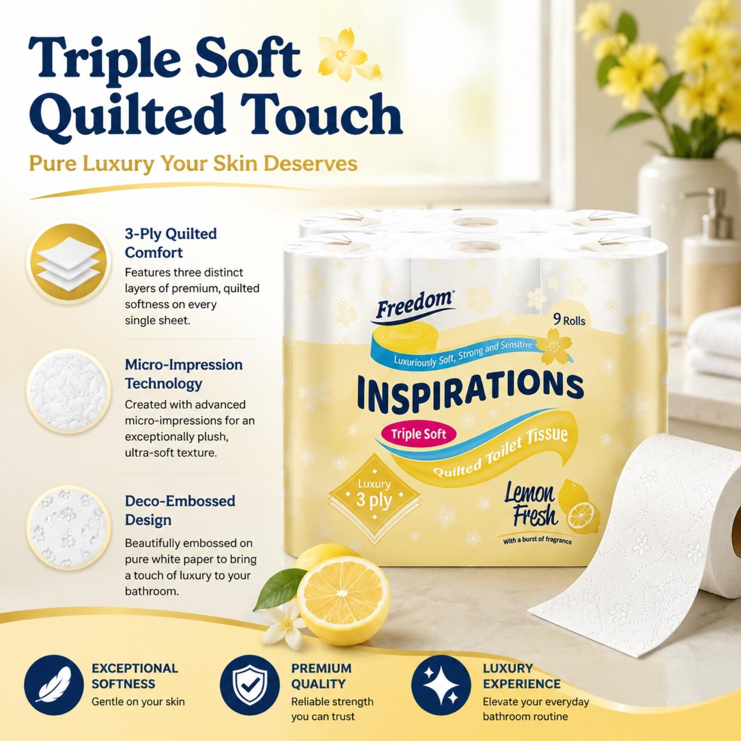 Freedom Aloe 3-ply Toilet Paper 45 Rolls + Lemon 3-ply 45 Rolls