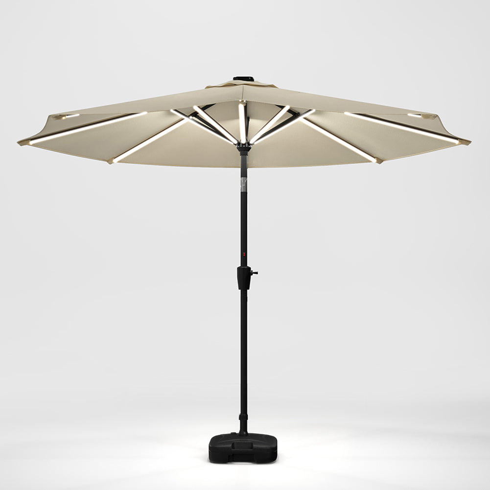 3m Solar Led Patio Umbrella, Outdoor Parasol With 16 Led Tubes, Crank Lift & Push Button Tilt With Fillable Base | One Size | Beige