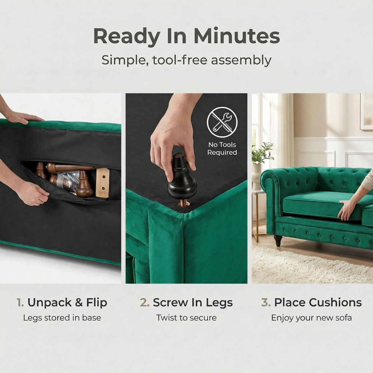 Chesterfield Scroll Arm Velvet Sofa 3 Seater | Emerald