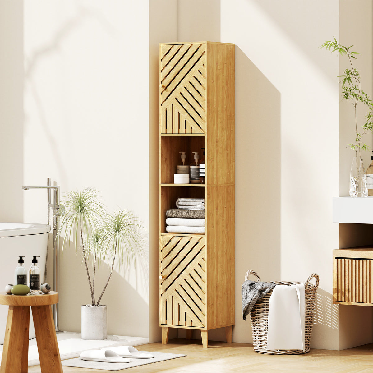 HOMCOM Tall Bathroom Cabinet With Open Compartments And Adjustable Shelves