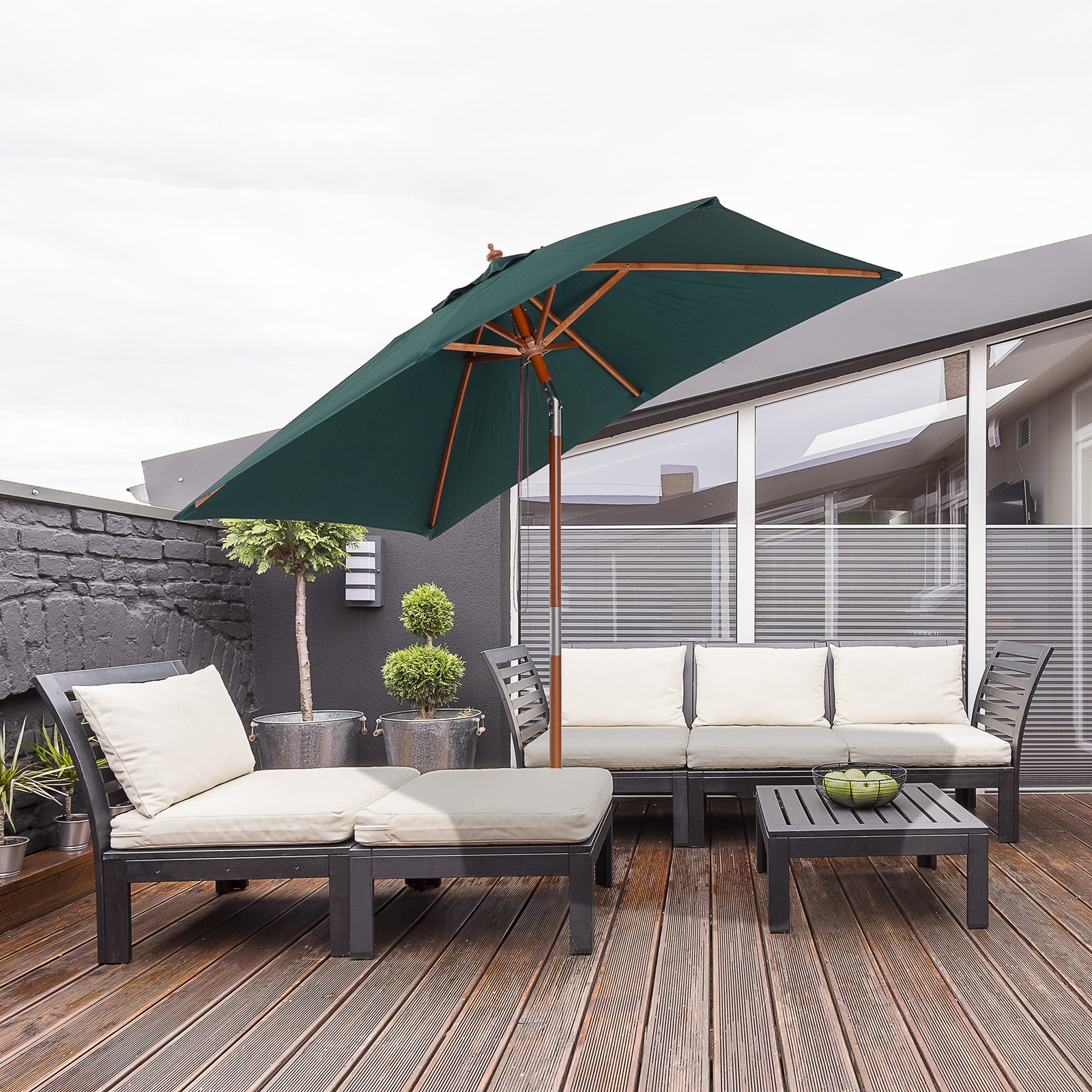 2x1.5m Wooden Patio Umbrella Parasol | Green