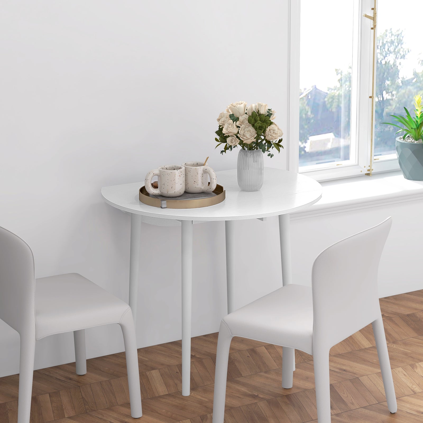 Folding Dining Table For 4, Round Drop Leaf Table | White