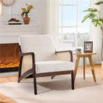 Corduroy Armchair With Rattan-weave Side Panels – Accent Chair With Rubberwood Legs | Beige