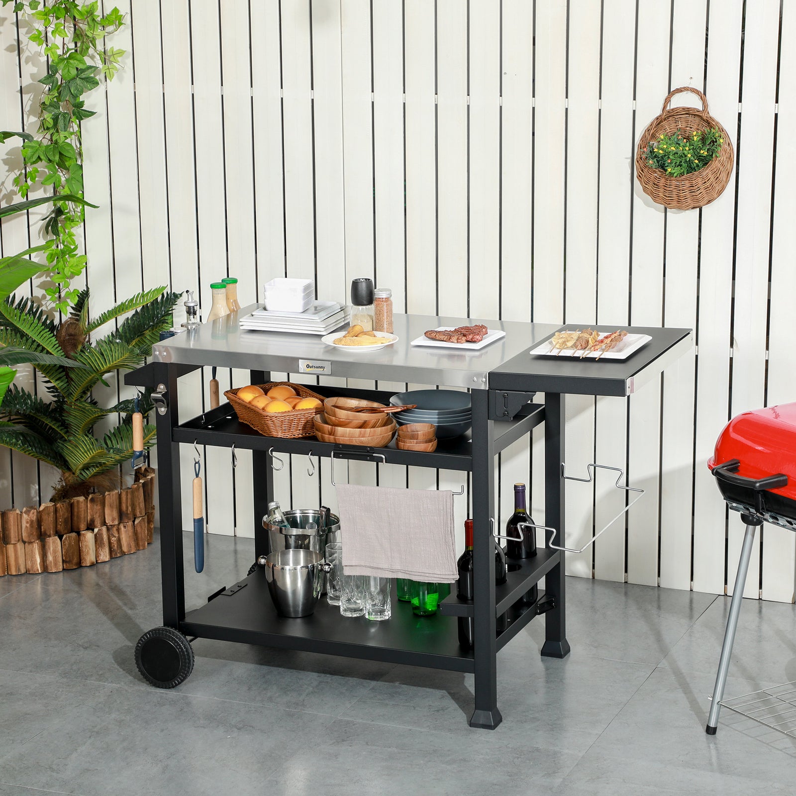 Outdoor Grill Cart, Foldable Table, 2 Wheels | Black