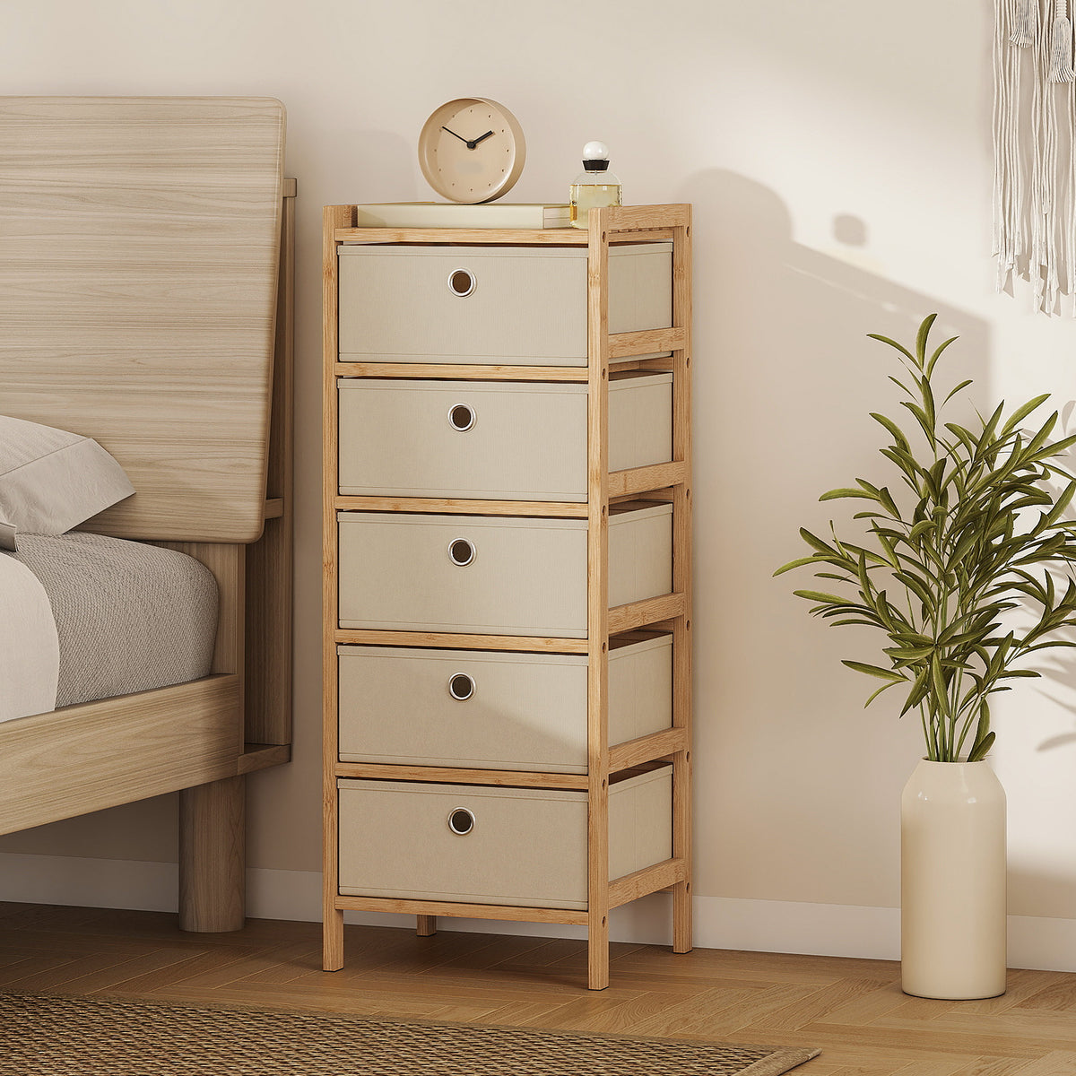HOMCOM Chest Of Drawers, 5 Drawers Dresser With Bamboo Frame
