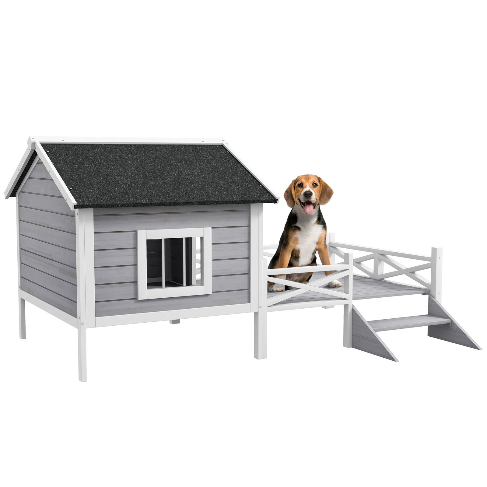 Wooden Dog House W/ Porch, Water-resistant Roof, For S M Dogs, Grey