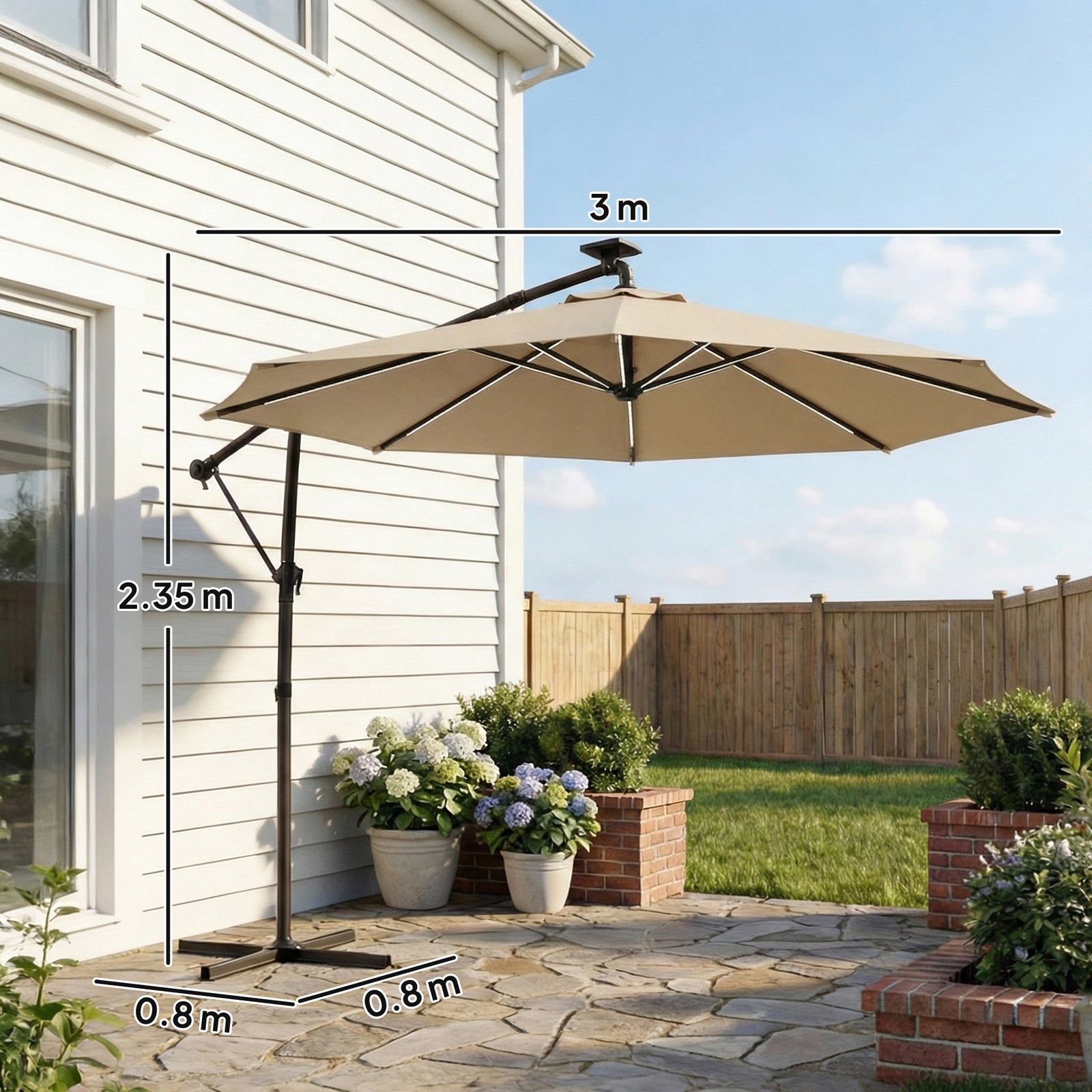 3 M Garden Cantilever Parasol With Solar Light, Rotation | Khaki
