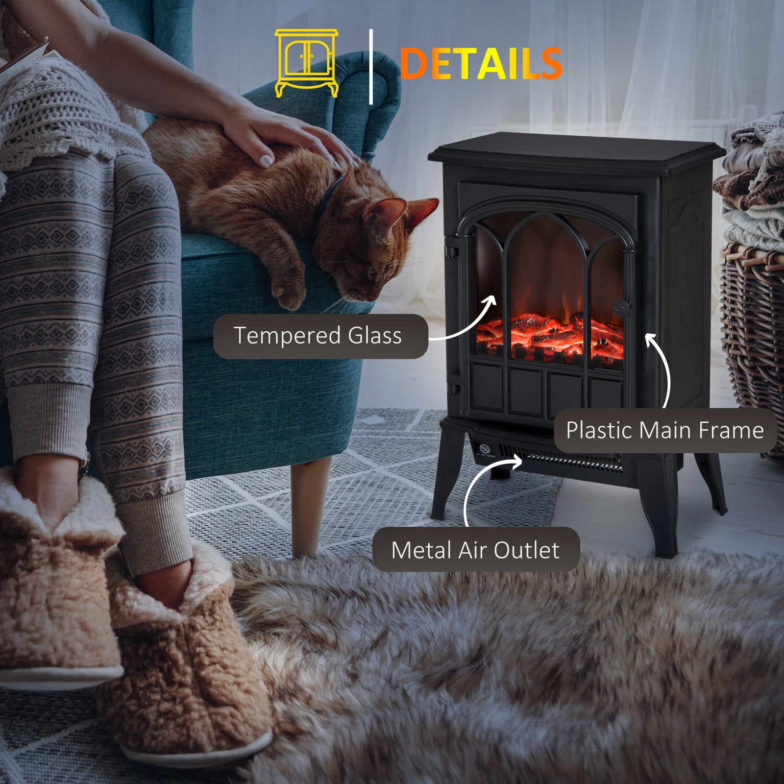 Electric Stove Heater Led Flame Effect 1000w/2000w | One Size | Black