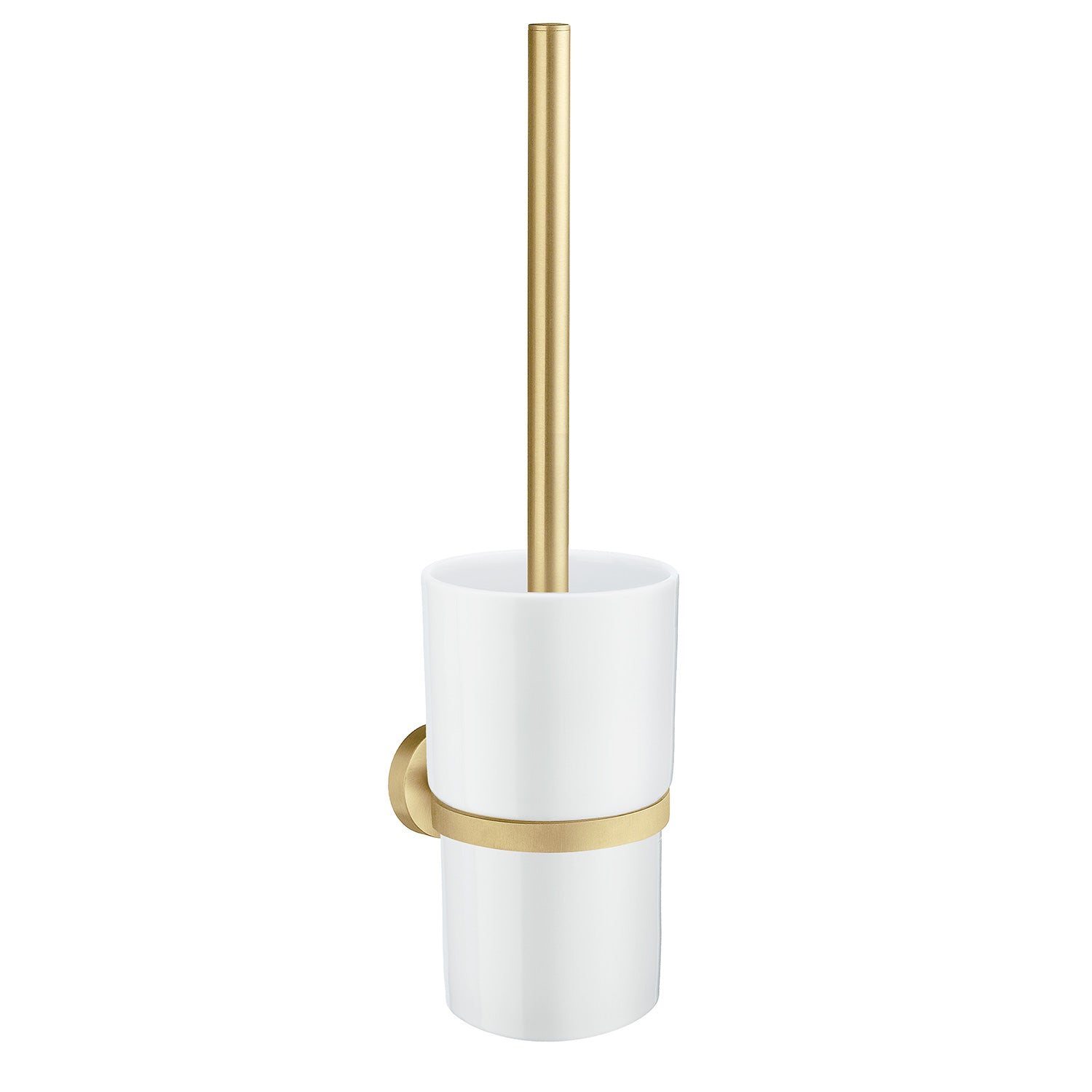 Wall Mounted Toilet Brush And Porcelain Container | Brushed Brass