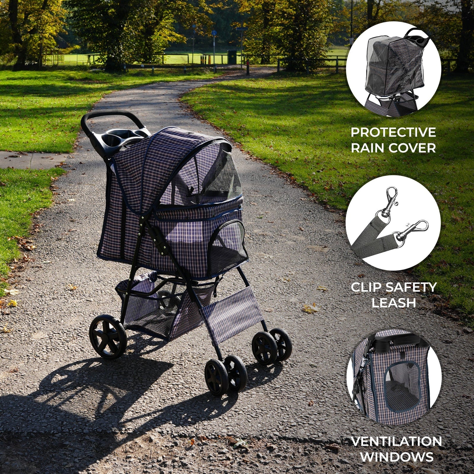 Pet Stroller With Rain Cover | Tartan