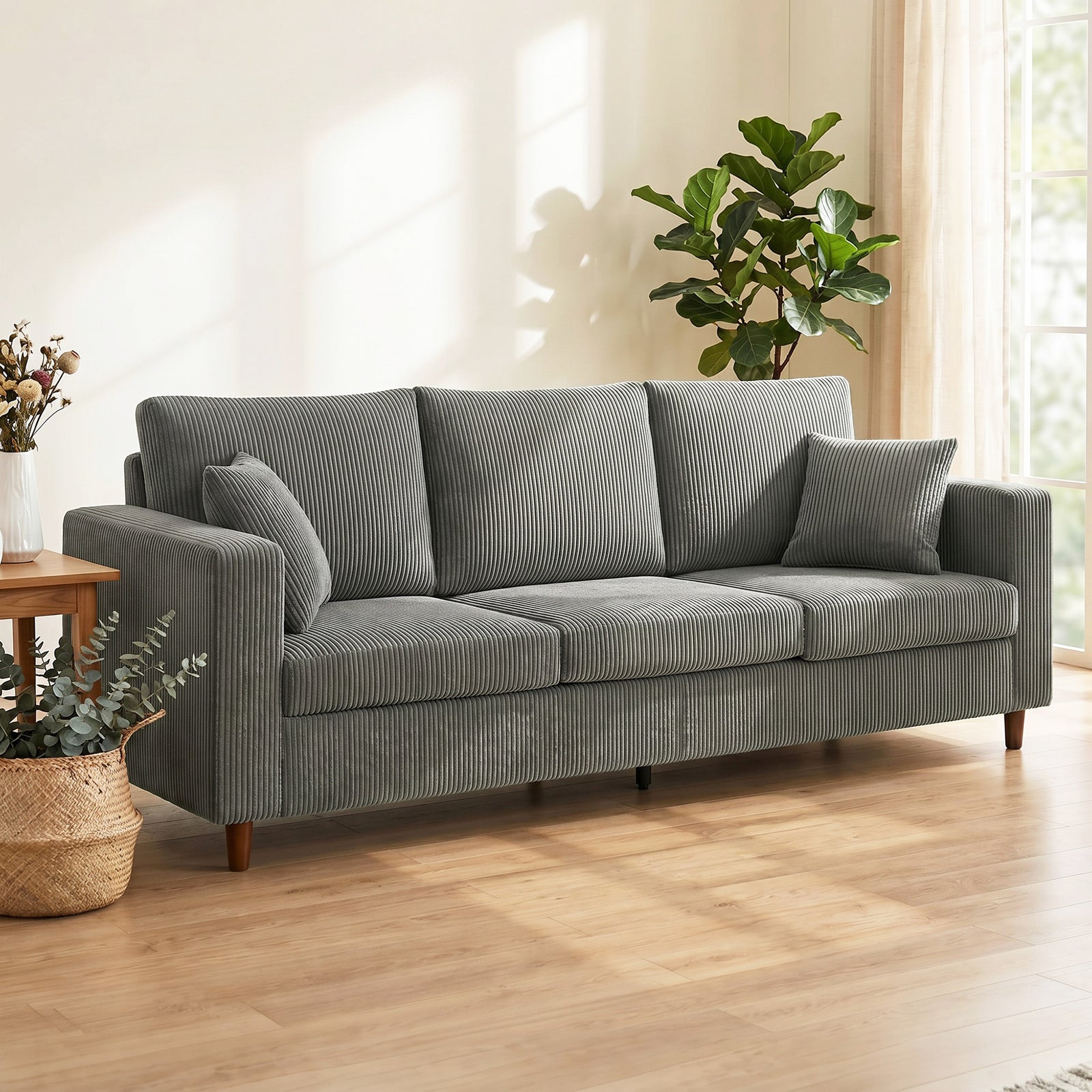 3 Seater Sofa With Wide Seat, Corduroy Upholstered | Light Grey