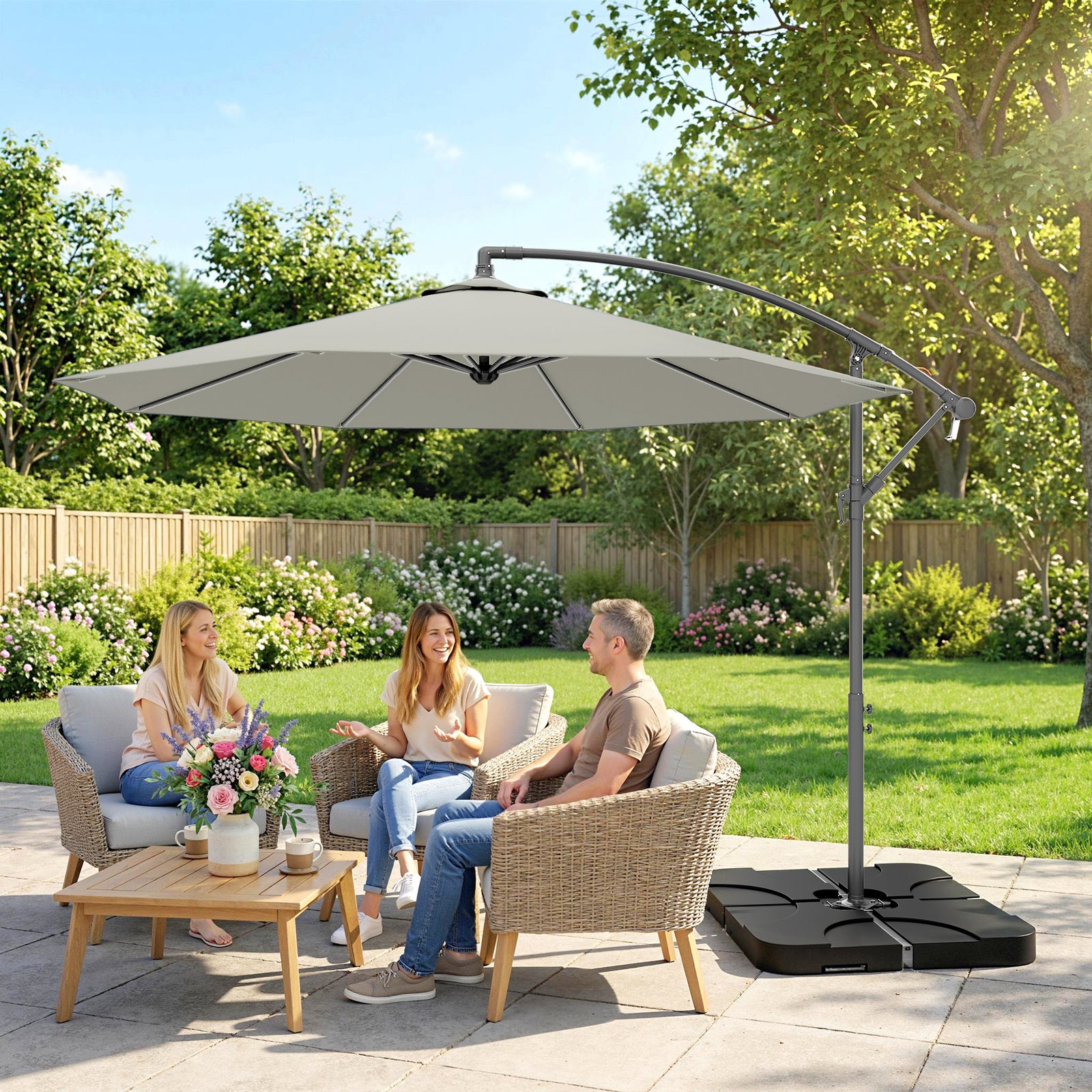 3(m) Banana Parasol Cantilever Umbrella Garden W/ Base Weights | Light Grey
