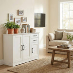 Modern White Sideboard With Black Handles, 2 Drawers & 2 Cabinets, Adjustable Shelves