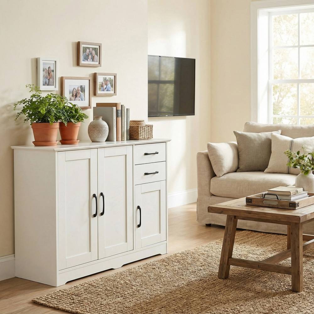 Modern White Sideboard With Black Handles, 2 Drawers & 2 Cabinets, Adjustable Shelves
