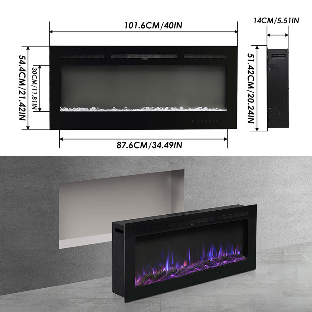 40-inch Recessed/wall Mounted Electric Fireplace, 1800w Black Heater With 12-colour Flame, Log & Crystal Bed, Remote Control & Timer