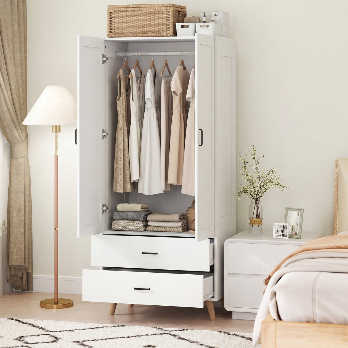 HOMCOM Wardrobe With 2 Drawers Hanging Rail, 180 Cm Storage Closet, White