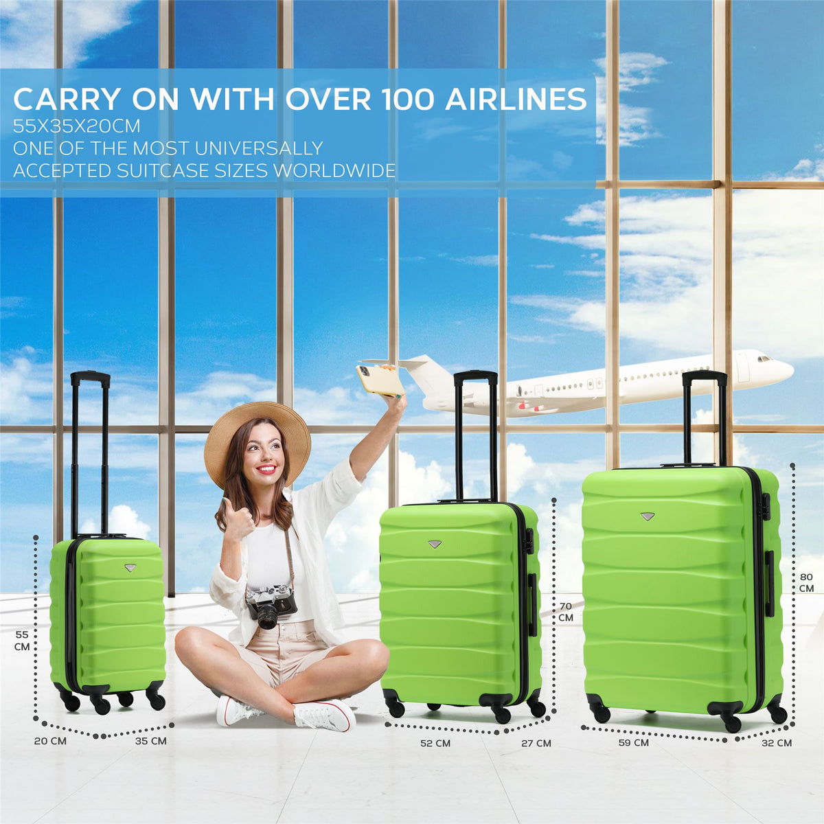 Set Of 3 Hard Shell Suitcase Cabin & Check In Cases With Tsa Lock - Overhead Cabin With Medium & Large Check-in Bag | Set of 3 | Emerald Green