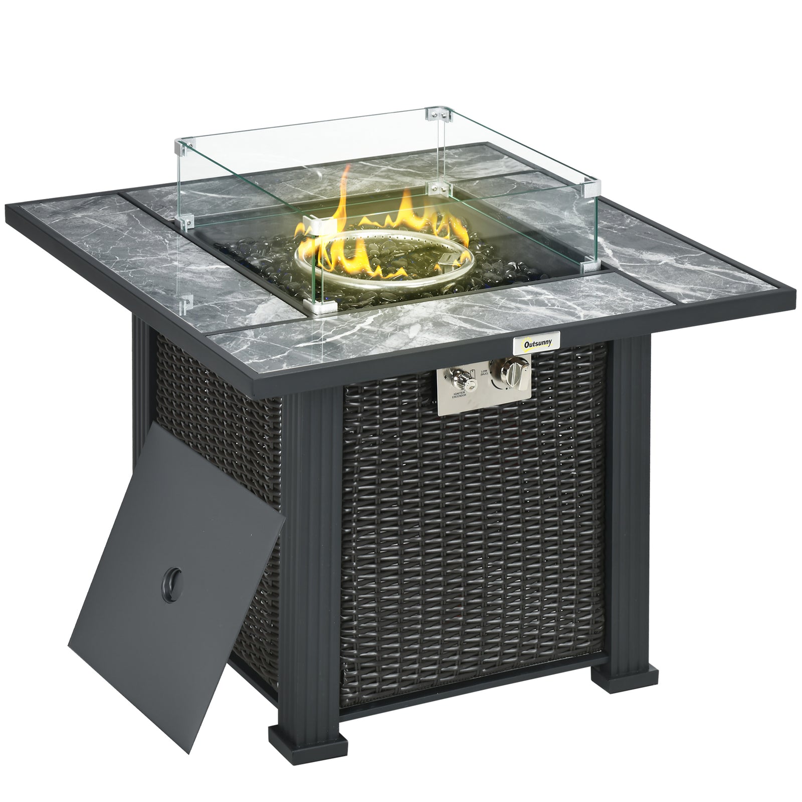Pe Rattan Gas Fire Pit Table With Marble Desktop, Rain Cover