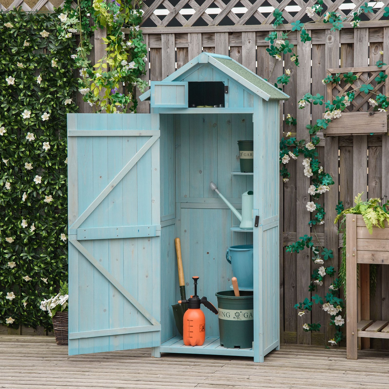 Wooden Garden Storage Shed Tool Storage Box | Blue