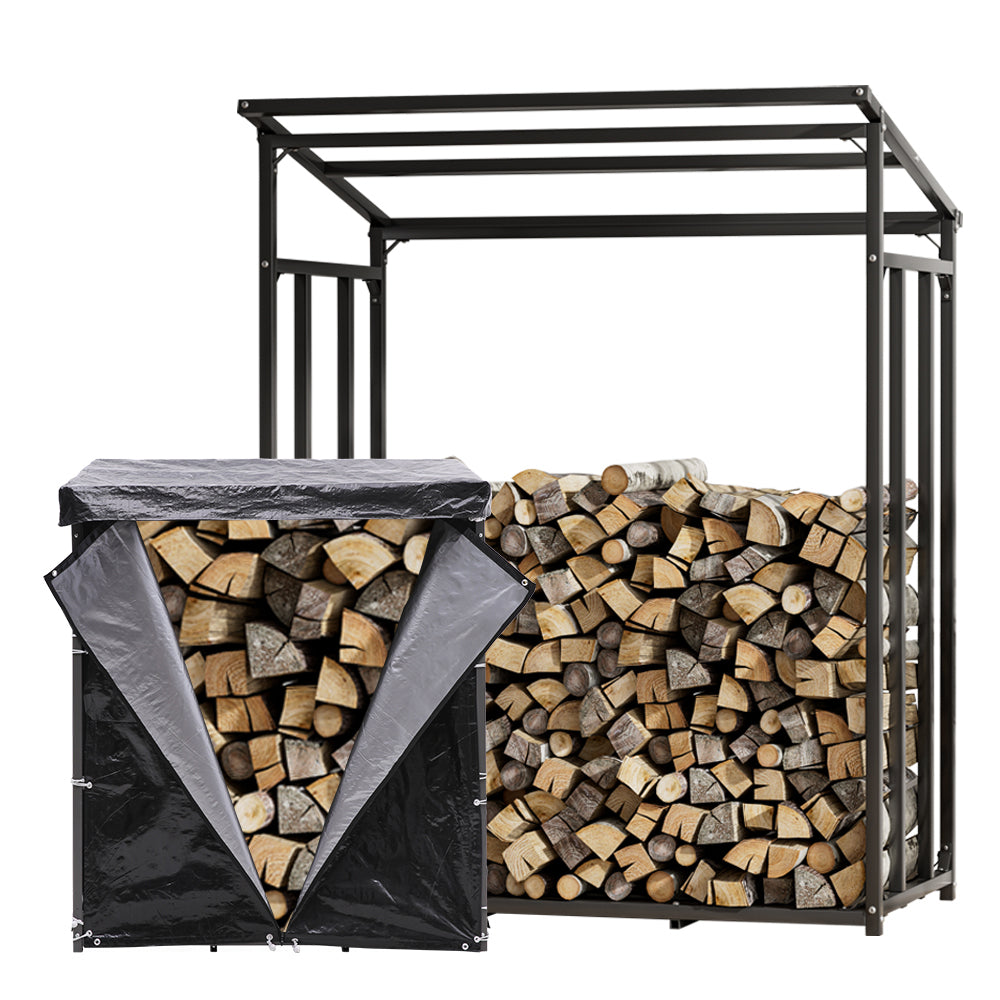 Metal Firewood Log Rack With Waterproof Cover | Small | Black