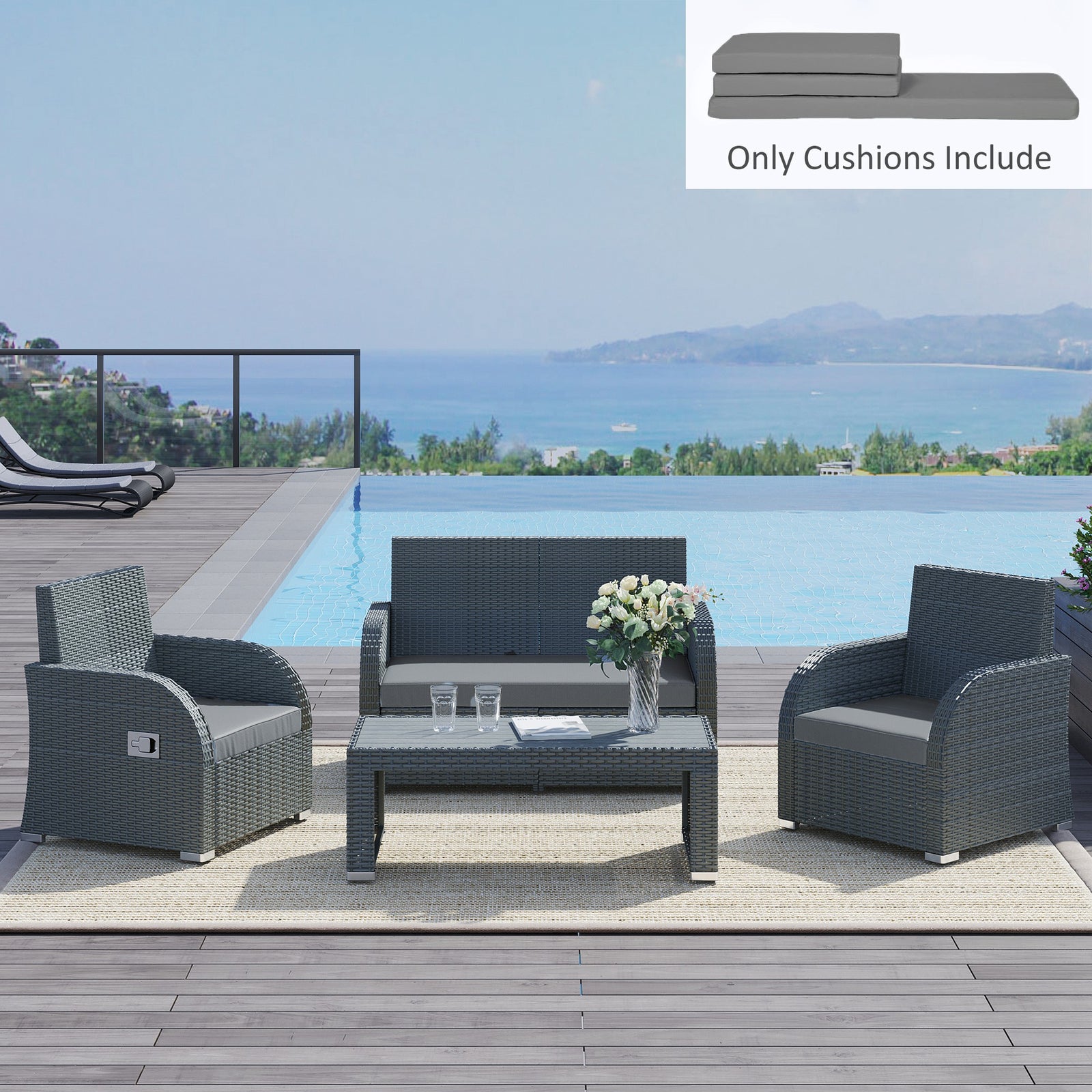 3pcs Rattan Garden Seat Cushions Pads For Patio Furniture | Dark Gray