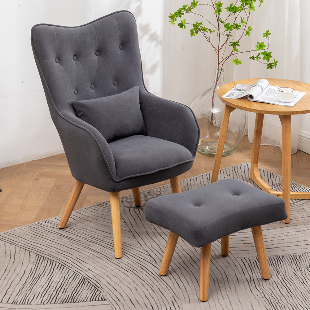 Velvet Upholstered Armchair With Footstool & Pillow – Modern Accent Lounge Chair For Living Room
