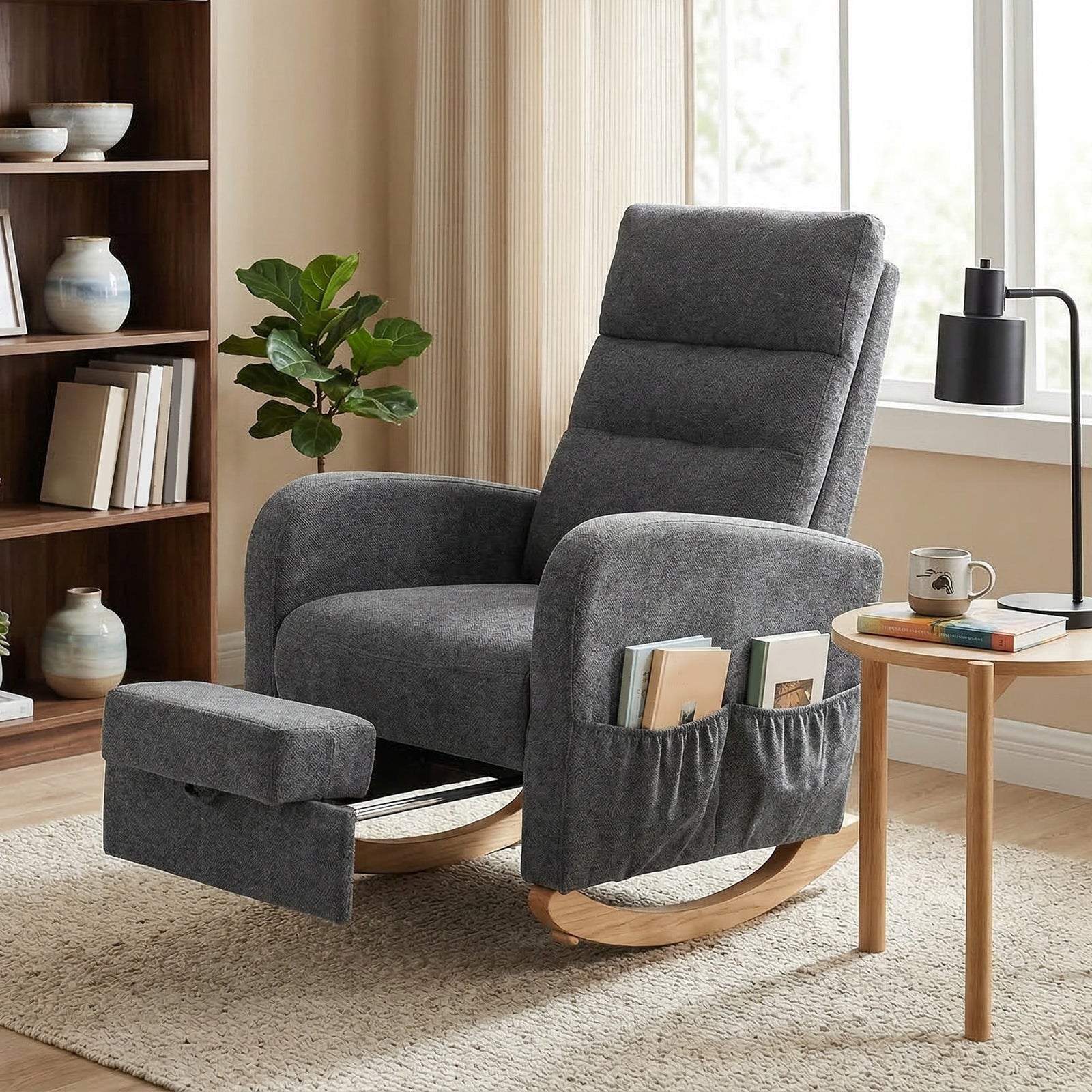 HOMCOM Upholstered Rocking Chair With Retractable Footrest Grey
